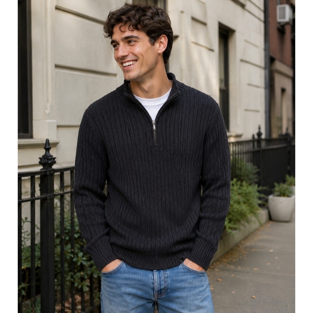 Men's GARNET HILL Washable Cashmere Ribbed Quarter Zip Sweater Charcoal Gray S
